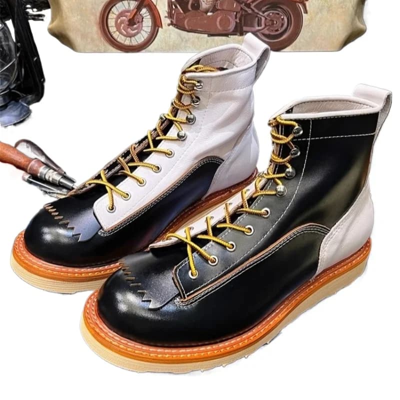 Stivali da moto in vera pelle stile britannico Scarpe alte da uomo Scarpe da lavoro Moda Suola spessa Stivali Chelsea da trekking con lacci Uomo