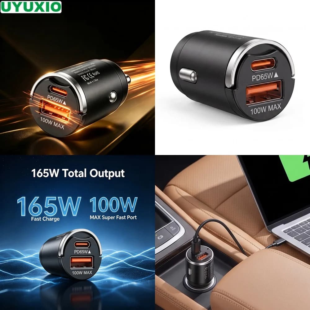 165W Travel Car Charger Heat Resistant Zinc Alloy Body with 65W USB C and 100W USB A Outputs for Smartphones Tablets and Laptops