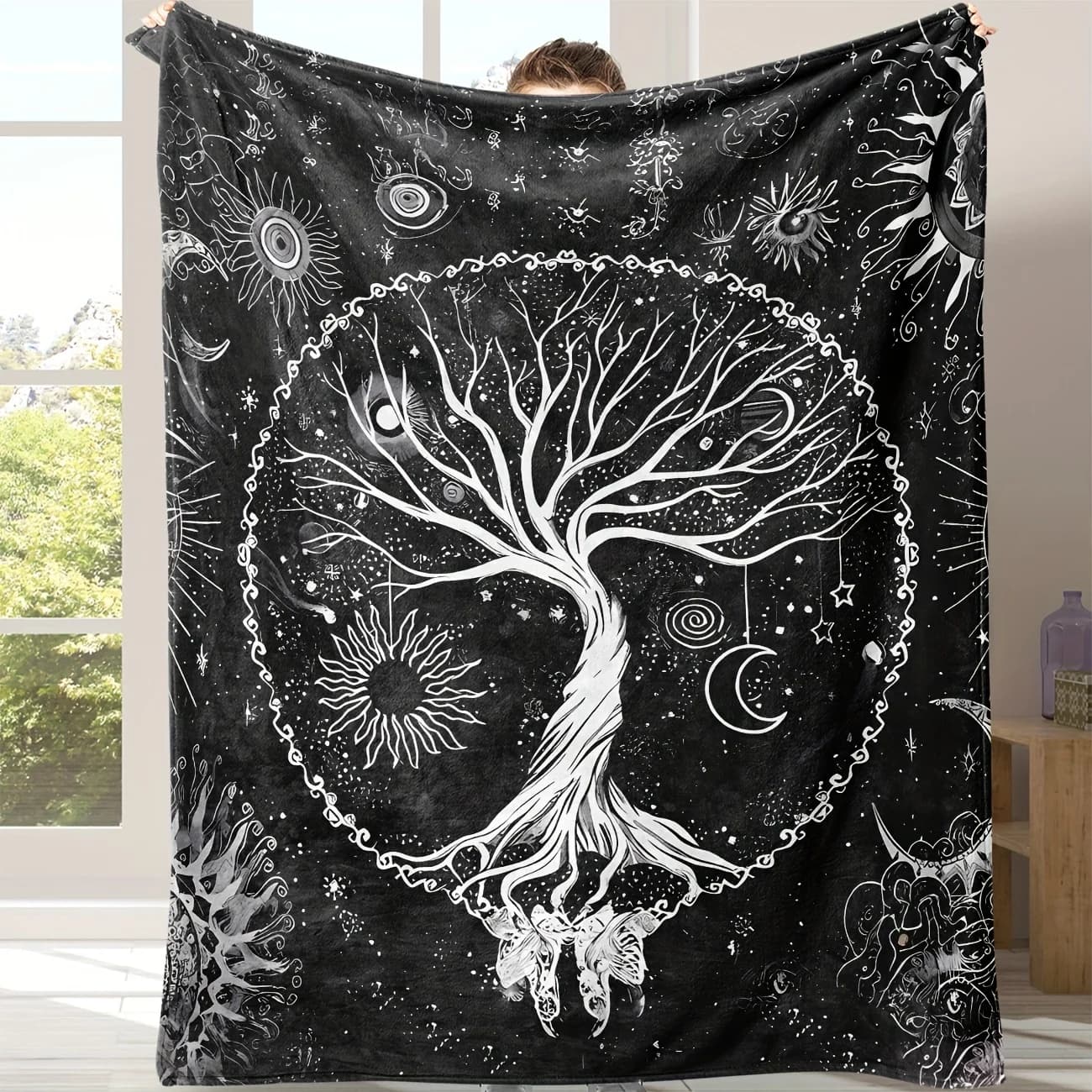 1pc Coperta nera Vita dell'albero Coperta stampata in 3D Flanella Calda coperta accogliente Viaggio a casa Regalo di compleanno Sedia Divano Decorazione della stanza
