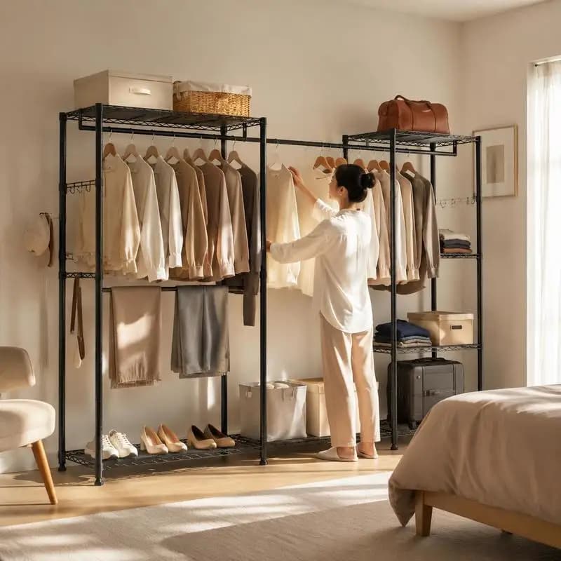 Wardrobe Organizer System 70.8 X 17.7 X 70.8 Inch for Bedroom Clothing Store Hallway 800 Lbs Load Capacity Multi-Tier Storage Shelves Metal Frame Structure Freestanding Hanging Rack Space Saving Furniture