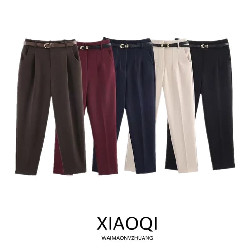 High Waist Belted Casual Commuter Style Women's Trousers Autumn New Arrival Fashionable Straight Leg Pants for Ladies