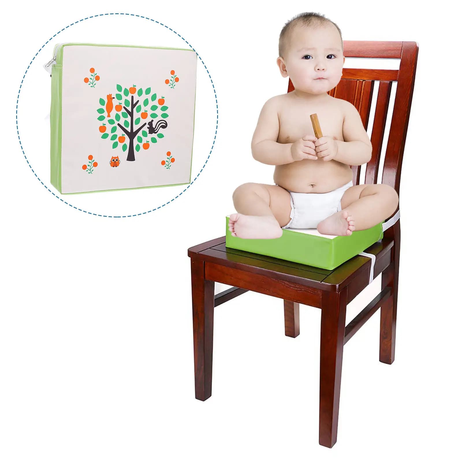 Removable Booster Pad Chair Children Dining Cushion Green Tree Pattern Heightening Seat Adjustable Strap Cartoon Design