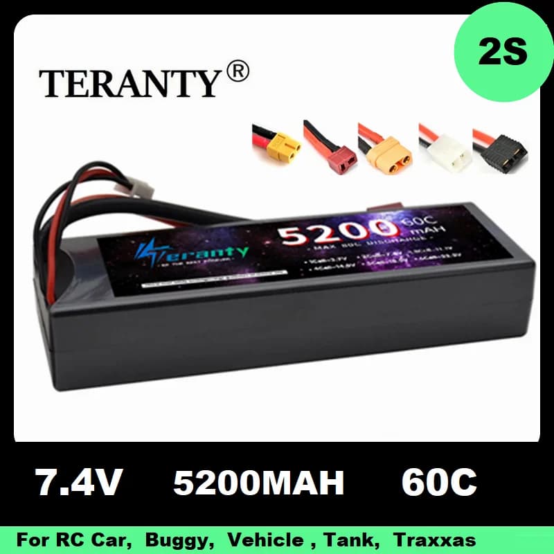 Teranty Lipo Batteria 2s 5200mAh 7.4V 60C Custodia rigida con T TRX TAMIYA XT90 Spina per RC Auto Barca Elicottero Camion Truggy Traxxas