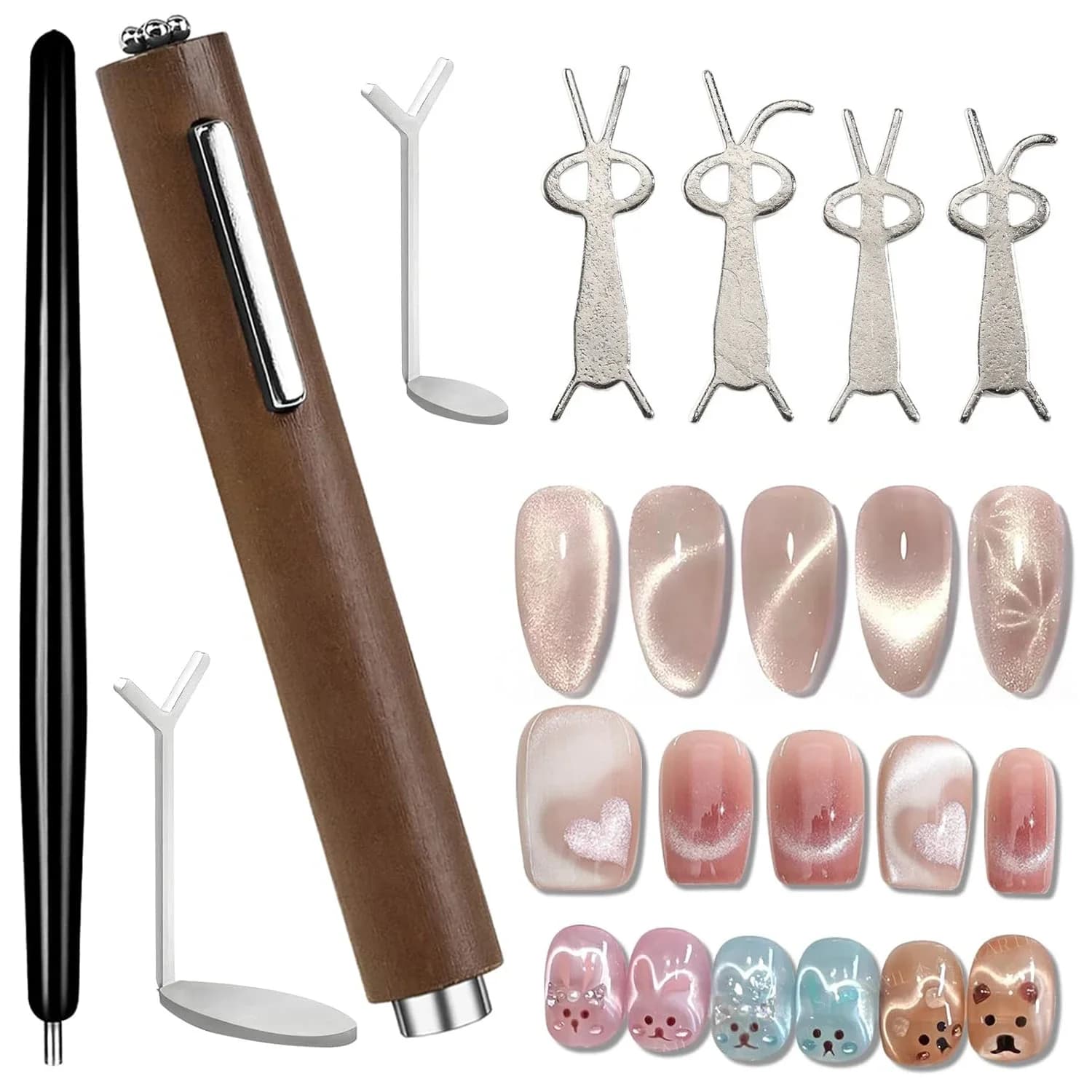 Set di magneti per nail art effetto occhio di gatto: magneti 3 in 1 con manico in legno + penna magnetica con perline nere + localizzatore a forma di Y/coniglio