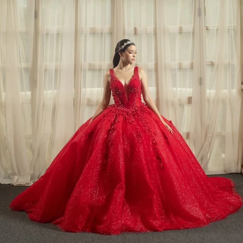 Abiti Quinceanera rossi lucidi personalizzati con spalle scoperte applique perline fiore tull coda lunga Vestido 15 Quinceanera