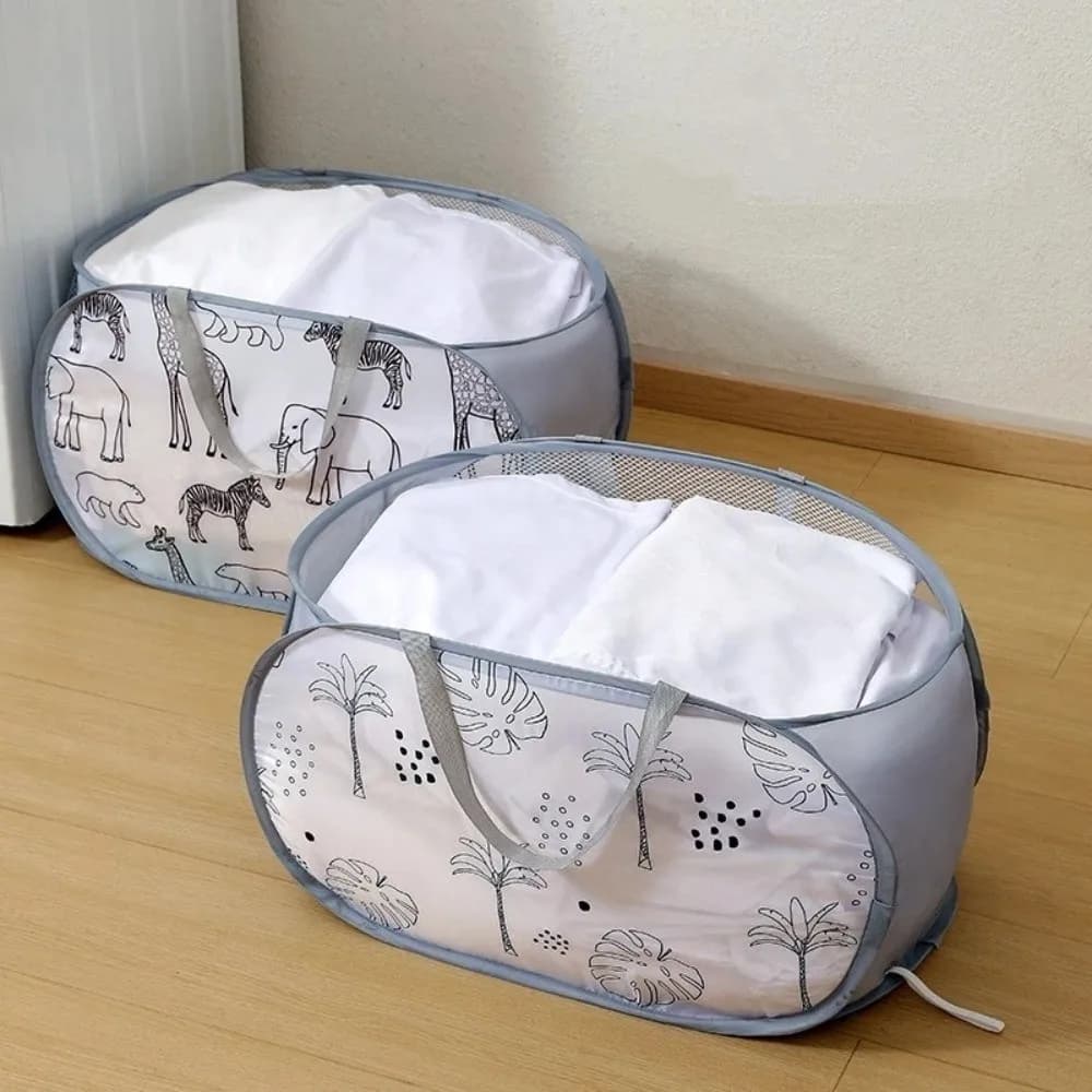 Space Saving Large Capacity Folding Laundry Basket Cartoon Collapsible Mesh Laundry Bag Polyester Laundry Hamper Dorm