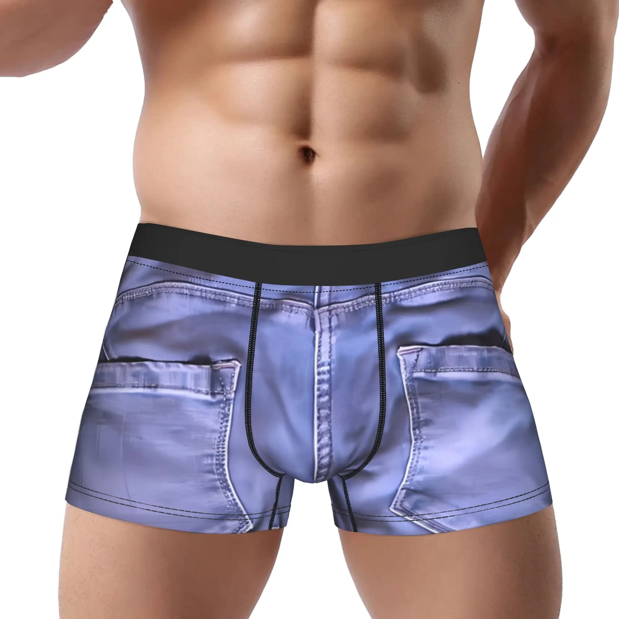 Slip boxer da uomo in denim blu con tasche, traspiranti e ventilati, stile jeans