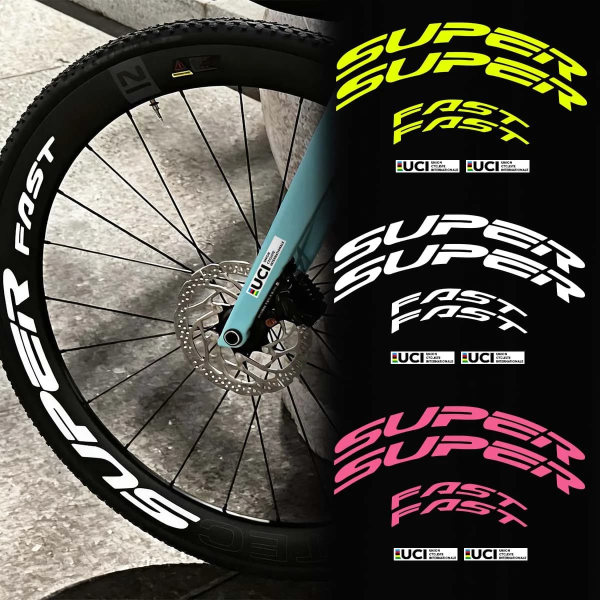Wall decals for super fast bicycle wheels, reflective UCI, for frame, fork, helmet, vinyl accessories for MTB, road bike and gravel.