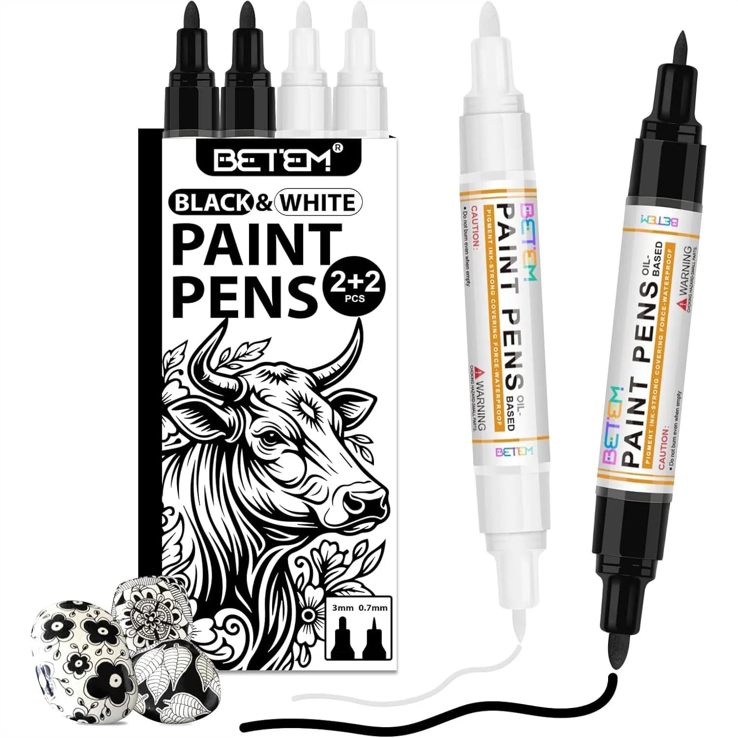 Dual Tip Oil Based Black White Paint Pens (0.7mm & 3mm) for Rock Painting, Wood, Fabric, Metal, Canvas
