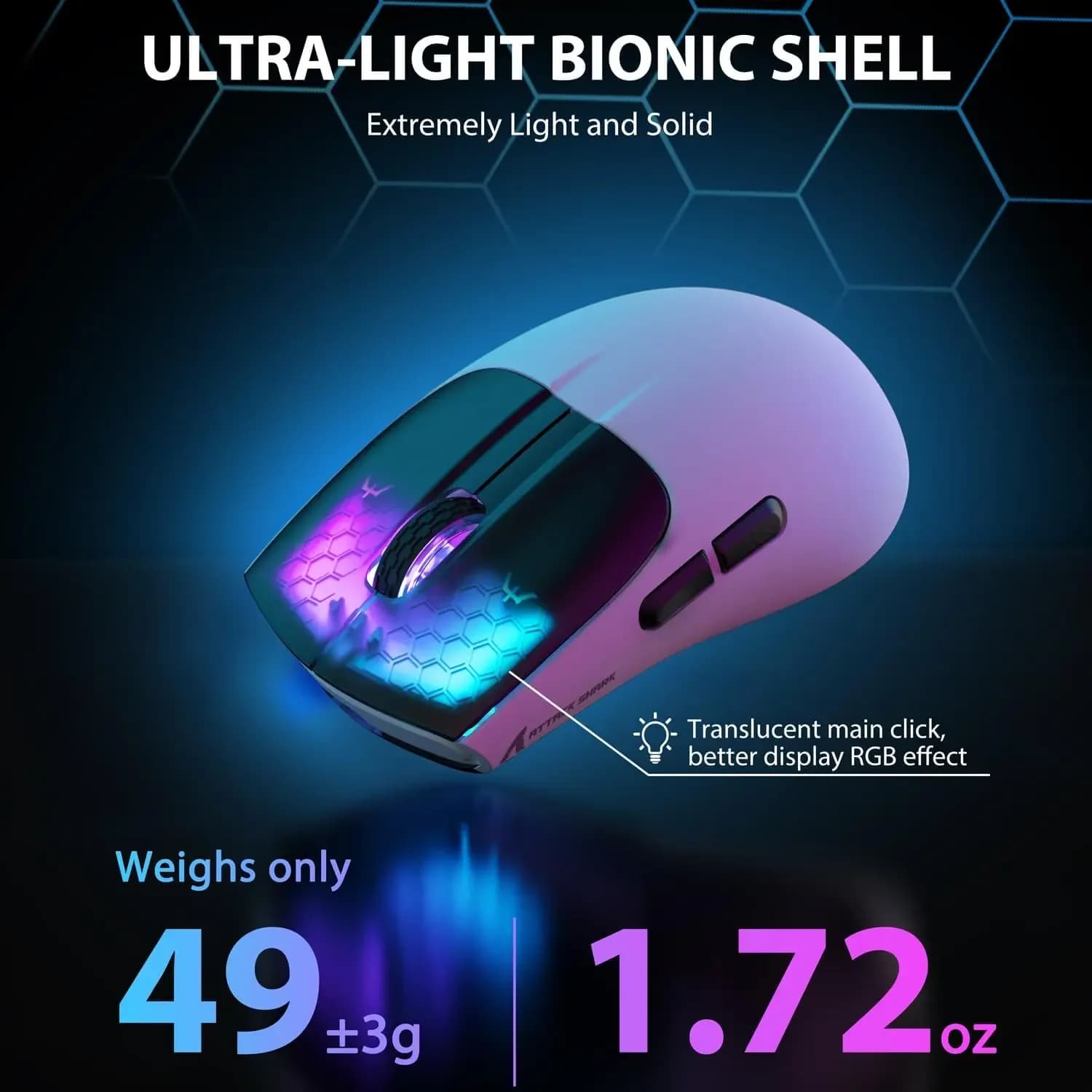 ATTACK SHARK X5 Mouse da gioco ricaricabile wireless trimodale, 49 g leggero PAW3212 Sensore ottico GB LED Mouse a nido d'ape