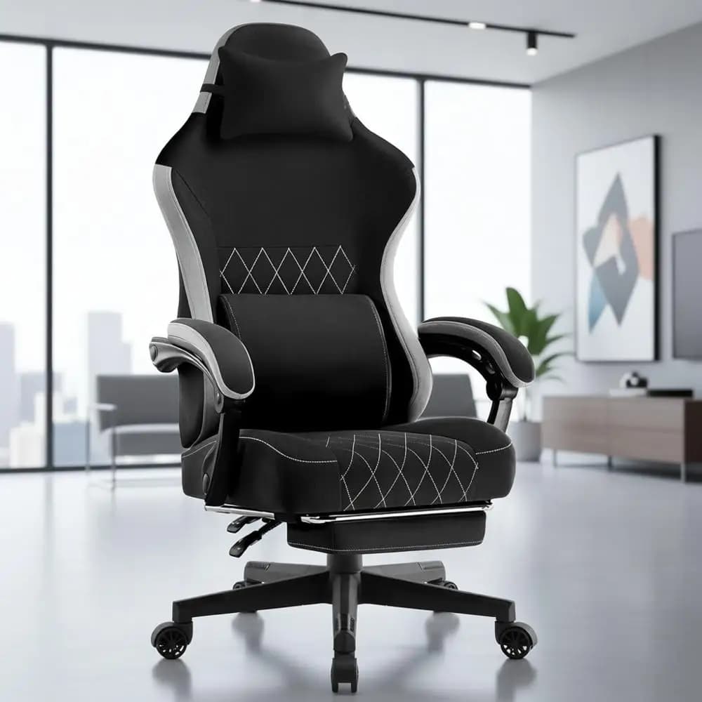 Sedia da gaming ergonomica in tessuto con altezza regolabile, supporto lombare, poggiapiedi e cuscino a molla tascabile per adulti in nero