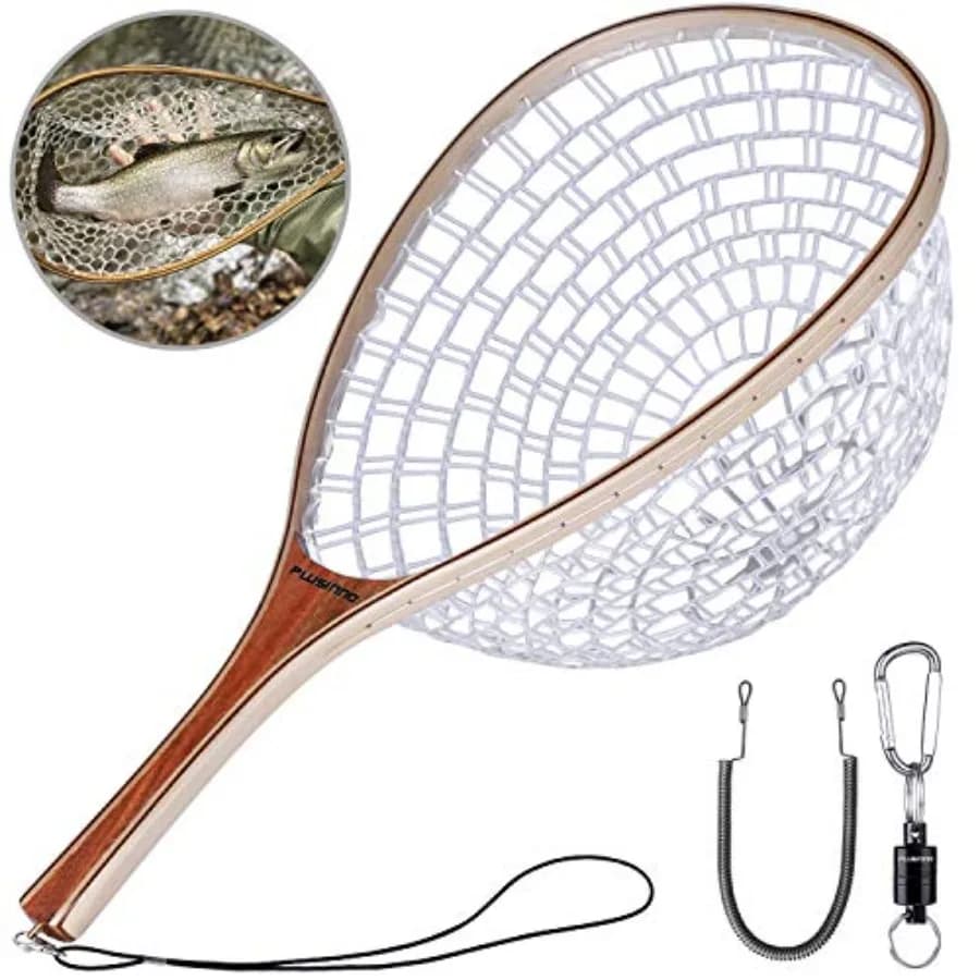 Guadino da Pesca a Mosca con Telaio in Legno e Rilascio Magnetico, Rete in Gomma Morbida per Cattura e Rilascio di Trote e Persici