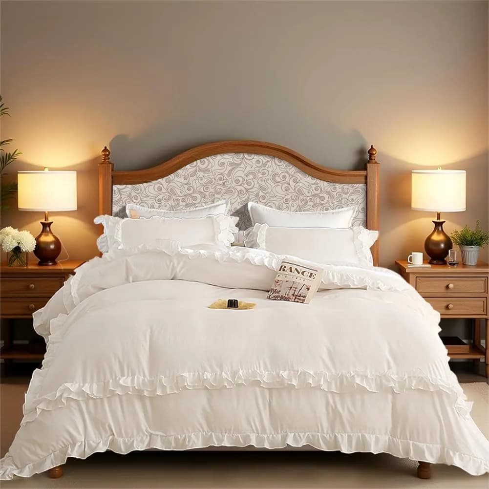 White Ruffle Duvet Cover Full Girls Shabby Chic Farmhouse Bedding Set 3Pcs Washed Microfiber Duvet Cover with Zipper Closure &