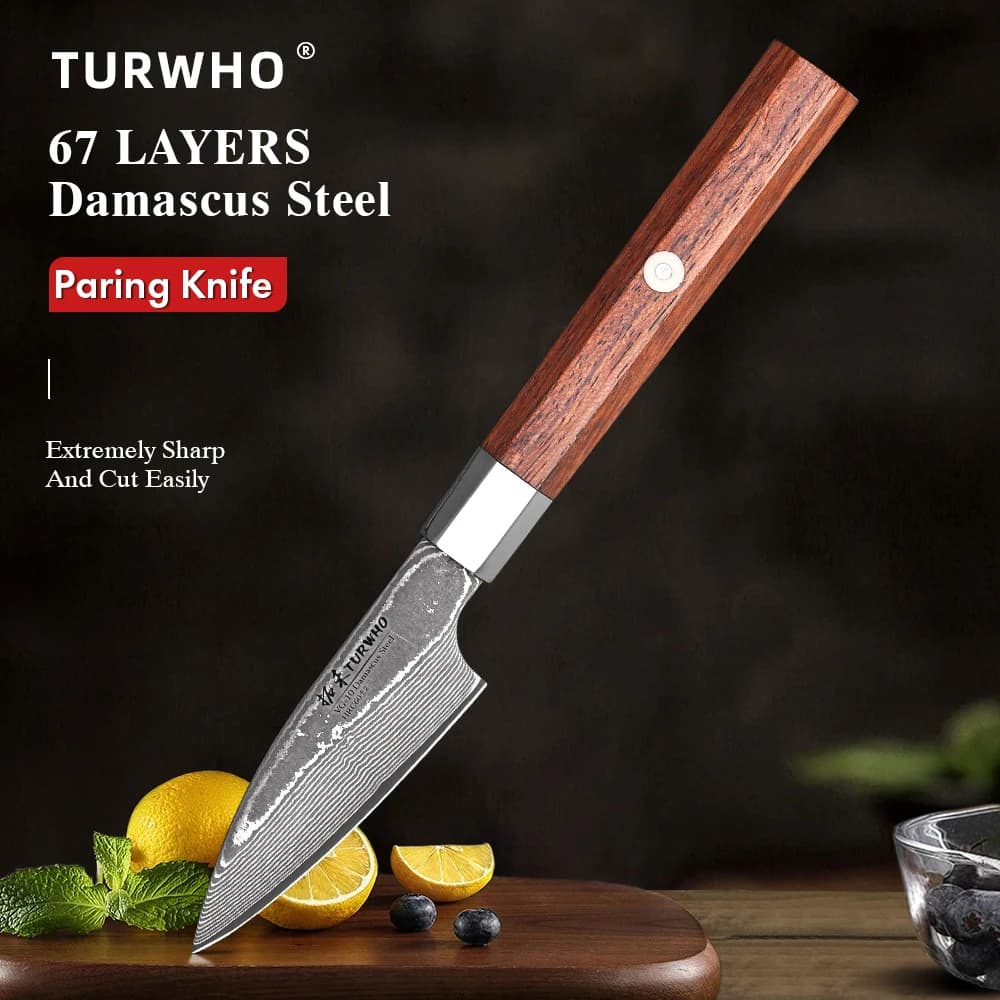 TURWHO 3 "Coltello per sbucciare Coltello da cucina in vero acciaio di Damasco a 67 strati Coltello da frutta per sbucciare mescola Coltello da cucina professionale fatto a mano