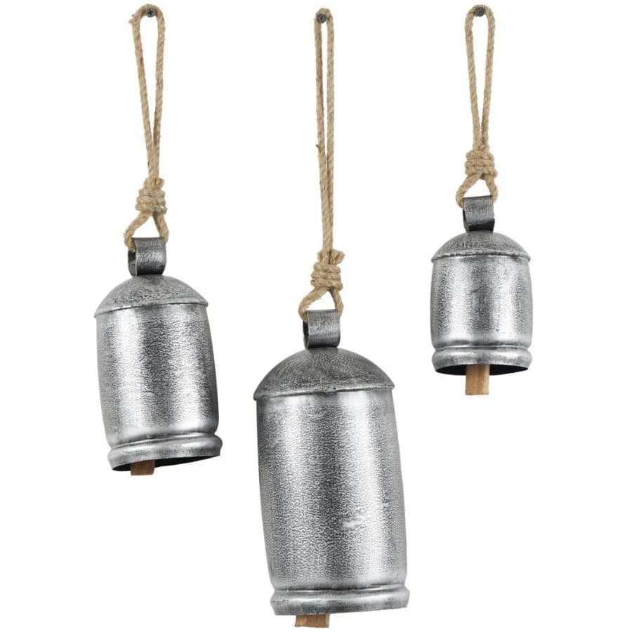 Gray Metal Tibetan Inspired Decorative Hanging Bell Chime Set of 3 12" 15" 20"H Features a Round Shape with Solid Pattern and M