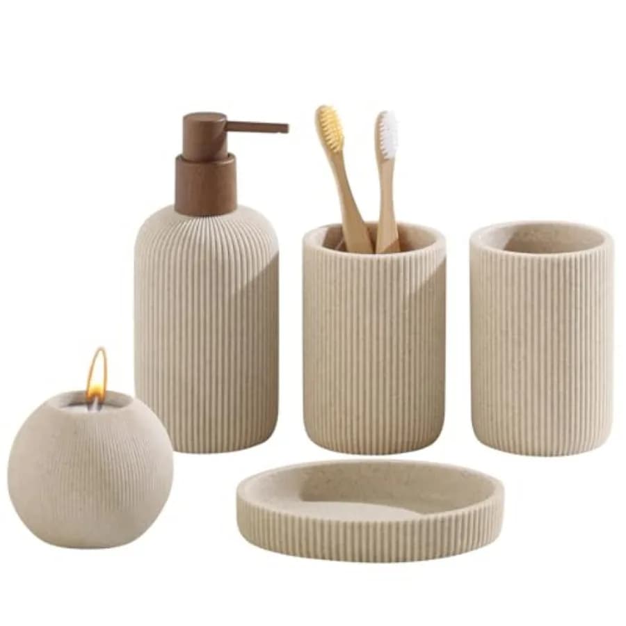 Set di Accessori per il Bagno, 5 Pezzi, Stile Moderno Effetto Arenaria con Dispenser Sapone, Porta Spazzolino, Bicchiere, Porta Accessori