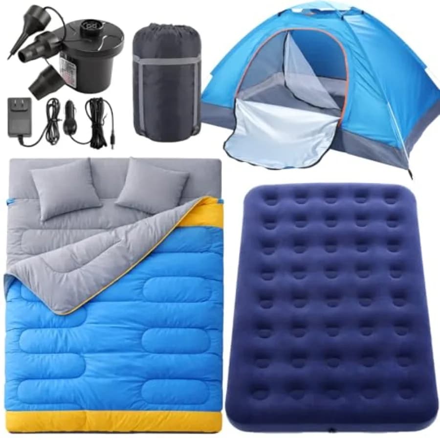 Set da campeggio 4 pezzi: tenda per 1-2 persone, sacco a pelo, materasso ad aria e pompa elettrica 110V AC/12V con 3 ugelli - Facile da montare