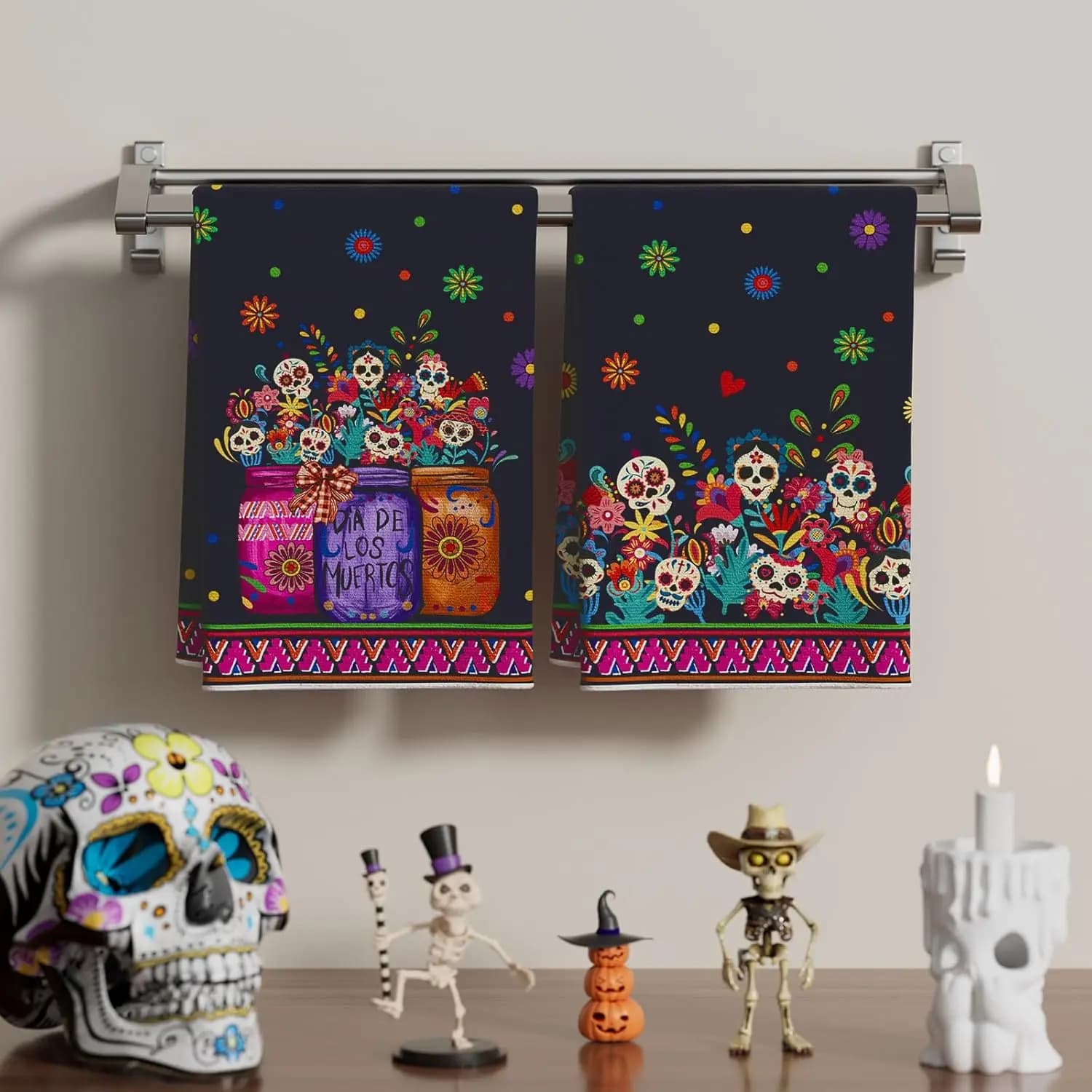 Mexican Day of The Dead Skull Flowers Kitchen Dish Towels Cleaning Supplies Absorbent Bar Hand Dishcloths Hand Towels Home Decor