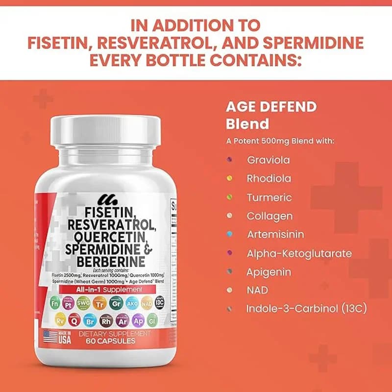 Fisetin Quercetin Resveratrol Supplement with Arginine Grain Embryon Extract - Colagene Rhodiola Spascastic Acid