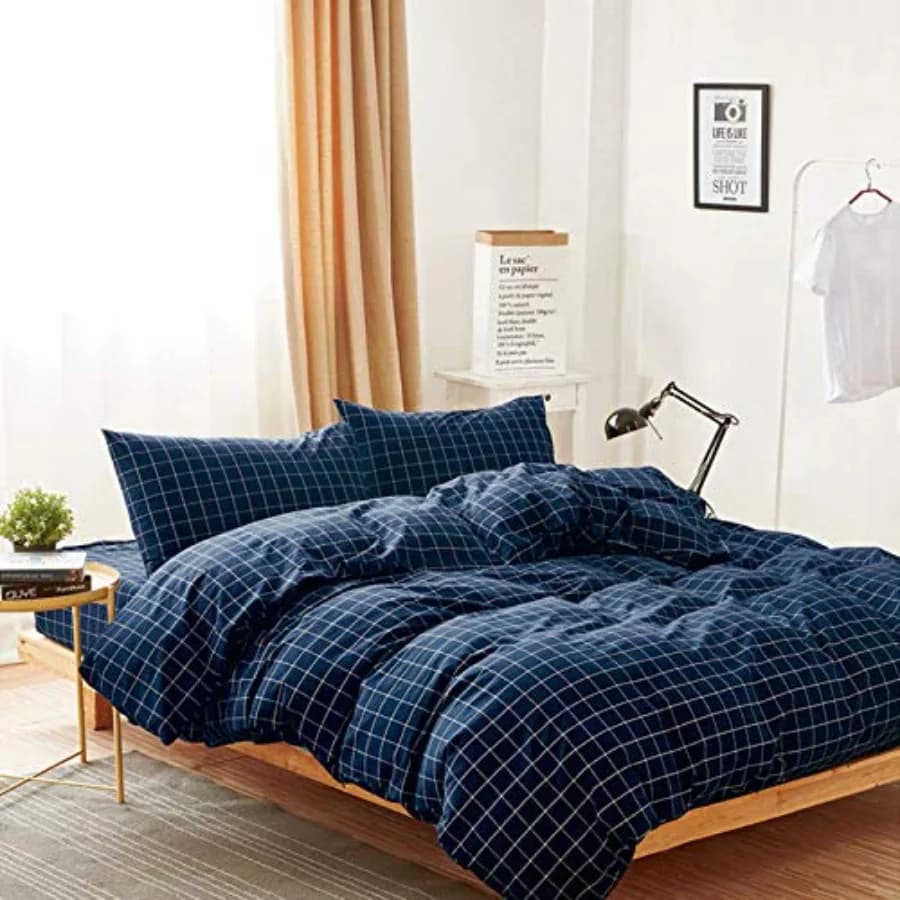 Set Copripiumino in Cotone a Quadri, Stile Geometrico Farmhouse, Set Biancheria da Letto in Cotone Lavato 100%, 3 Pezzi, Blu Navy