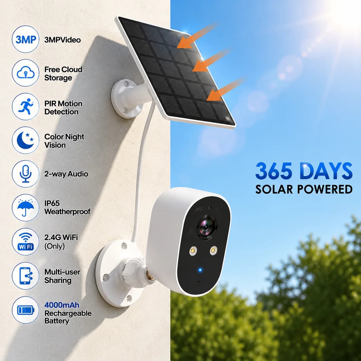 Solar Security Cameras Wireless Outdoor for Home Security, Color Night Vision WiFi Surveillance Home Camera with Solar Panel, Spotlight, PIR Detection, 2-Way Tal, IP65 Waterproof Rating.Family And Outdoor Security Camera