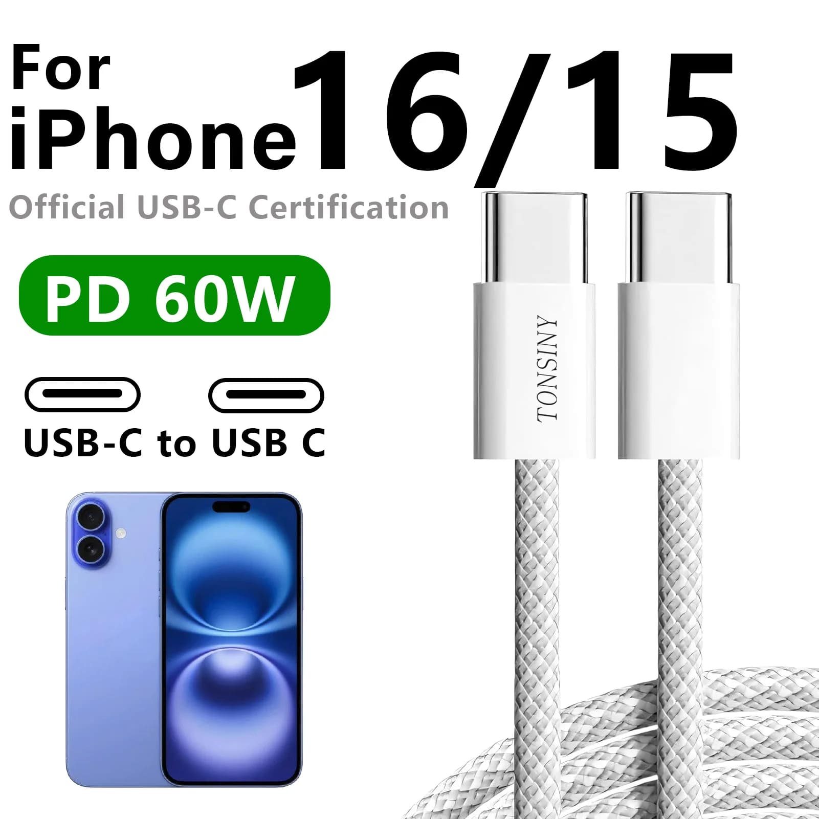 Cavo di ricarica rapido da USB-C a USB C da 60 W per iPhone 16 15 Pro Max Plus Cavo di tipo C per Xiaomi Samsung Google Cavo di ricarica rapida