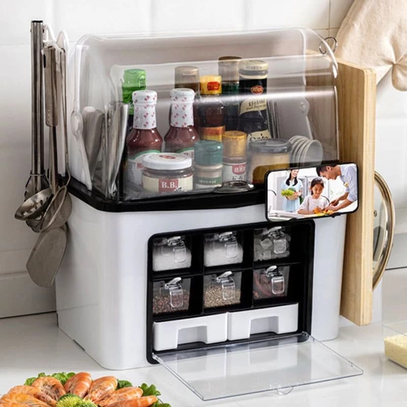 Kitchen Condiment Storage Rack, Household Spice Box, Kitchen Organizer for Seasoning Bottles, Knife Holder & Salt Jar Set