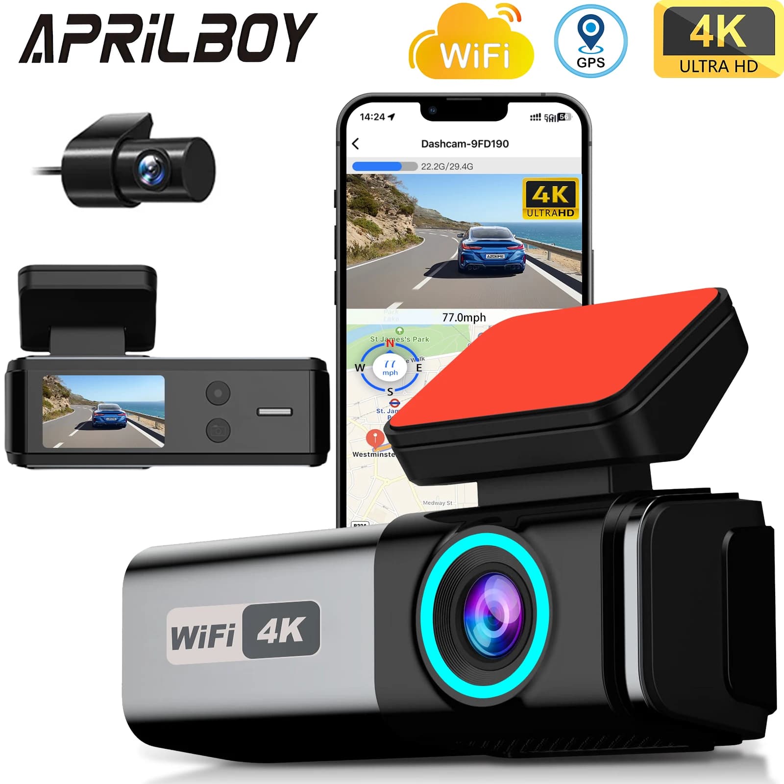 Aprilboy 4K WIFI Dash Cam 2160P DVR support for car front and rear Auto camera with night vision G-Sensor 24 hours Parking monitor