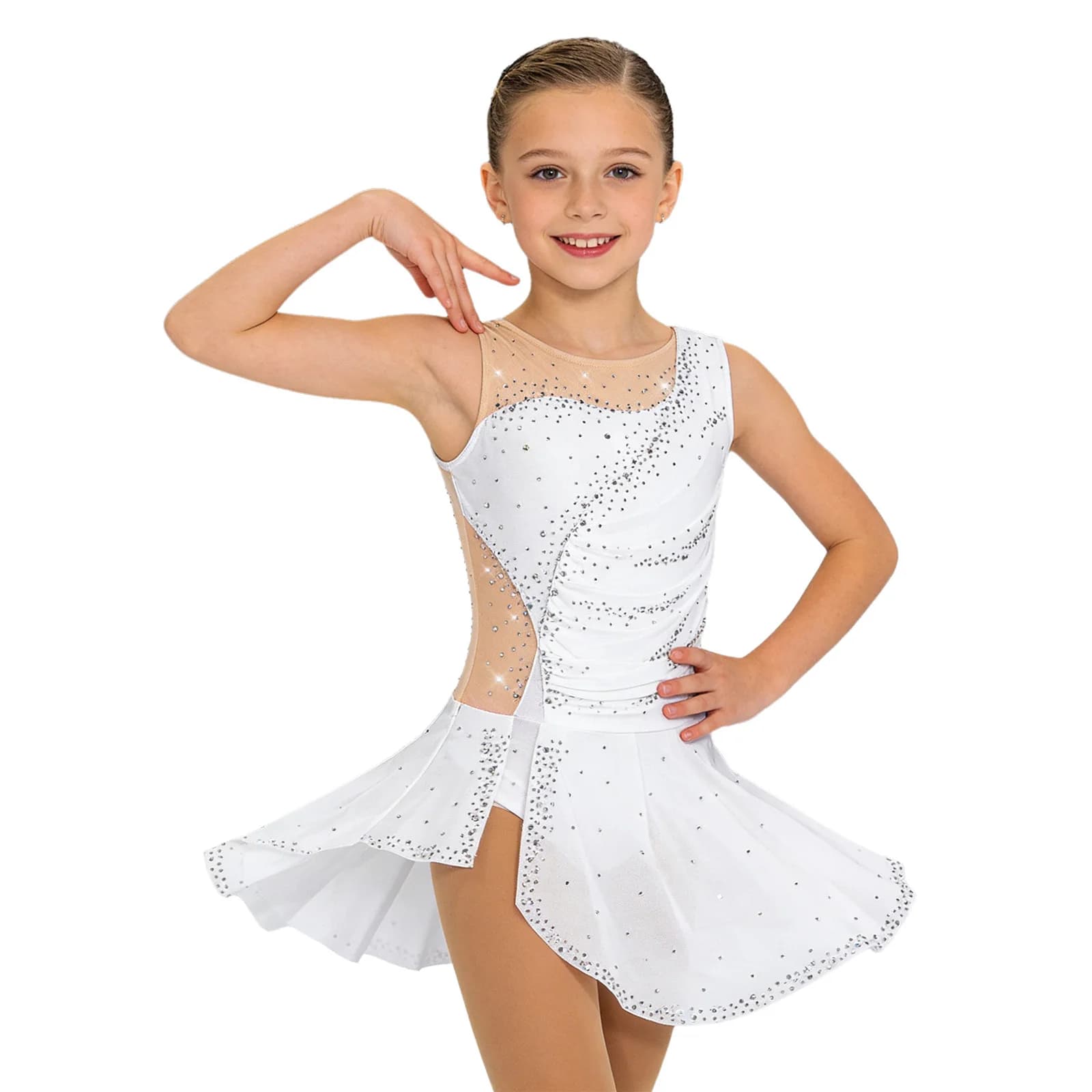 Costume da Pattinaggio Artistico per Bambine, Ginnastica Ritmica, Abito Senza Maniche con Strass Luccicanti e Rete, Vestito da Danza Lirica e Balletto