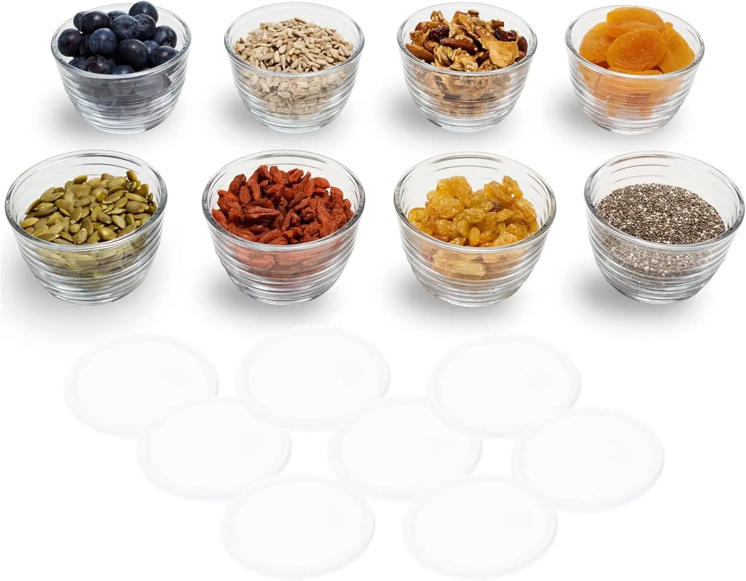 Set di 8 Piccole Ciotole in Vetro con Coperchi per Preparazione Pasti, Avanzi, Salse - Contenitori Lavabili in Lavastoviglie