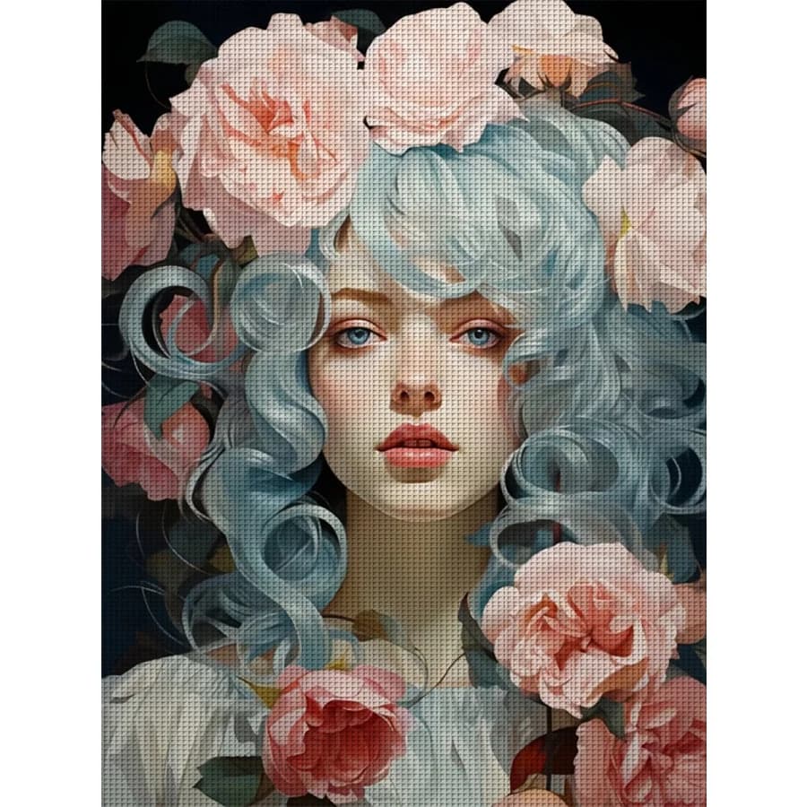 1 pezzo 36X46cm/14.17X18.11 pollici, kit fai da te per punto croce con stampa 11CT, Ragazza con capelli blu e rosa, set per punto croce rilassante per principianti adulti