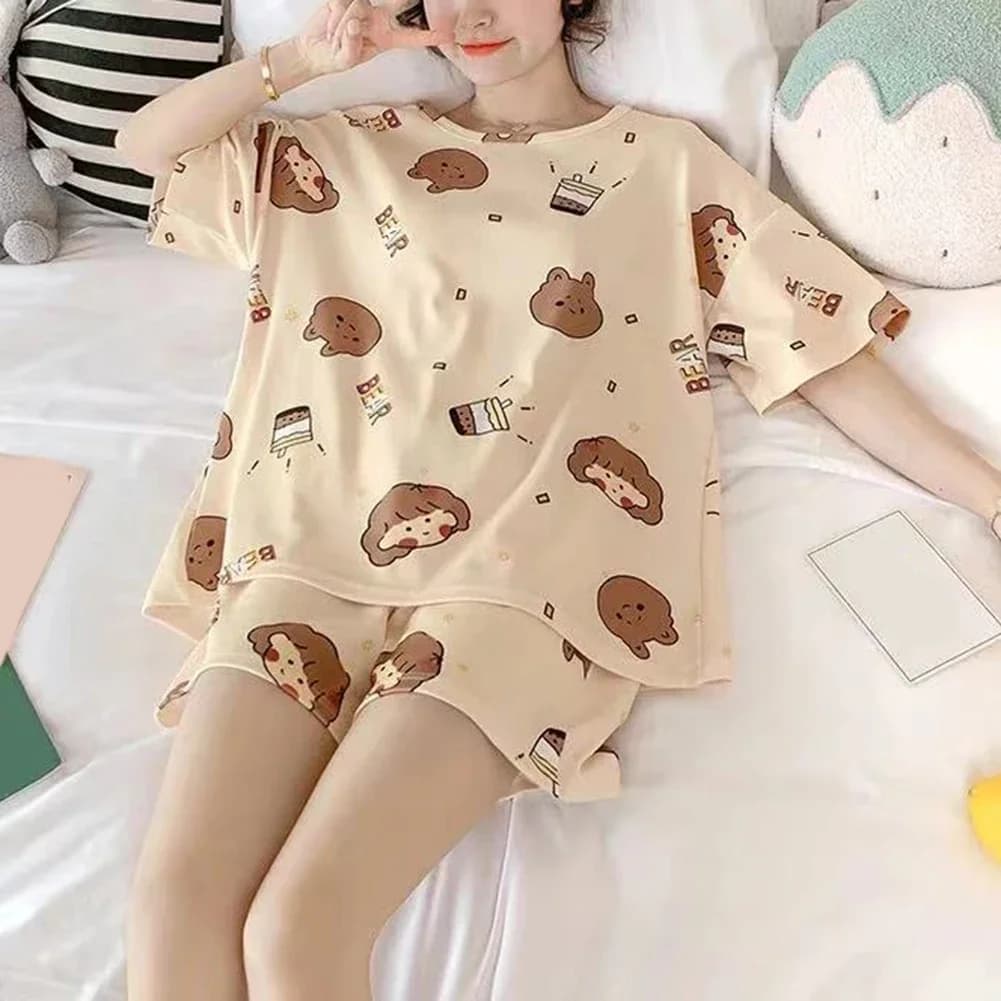 CHUANGERM Summer Women's Sleepwear Short Sleeved Shorts Set Thin Loose Fit Suitable for Outerwear Home Wear Cute Sweet