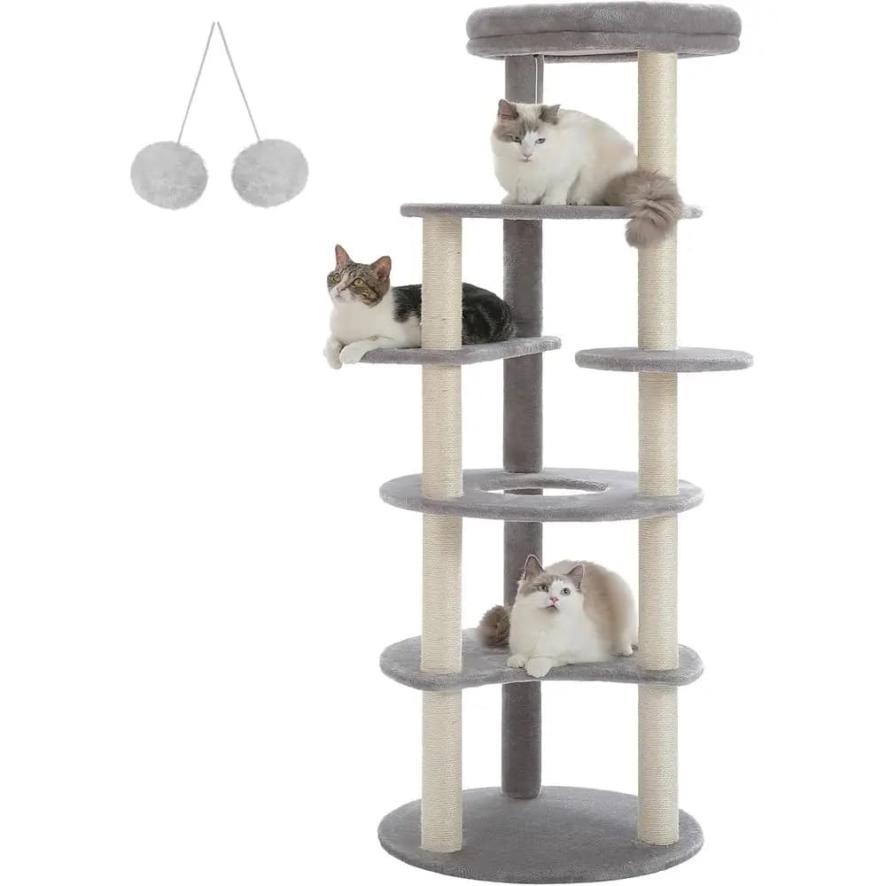 Albero per Gatti da Interno a 6 Livelli, con 9 Tiragraffi in Sisal, Palla Sostituibile e Postazione Superiore, Grigio