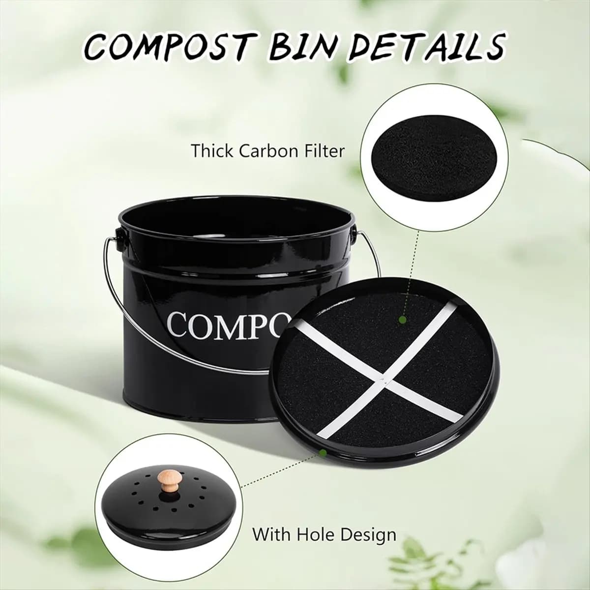 BHBL Contenitore per compost da cucina per piano di lavoro della cucina, secchio per compost da 1 gallone per cucina con coperchio, nero
