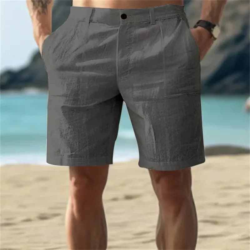 Pantaloncini da uomo in cotone e lino, leggeri, stile hawaiano, estivi, traspiranti, tinta unita, casual.