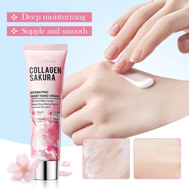 Cream hands moisturizing to collagen Sakura, lotion hands moisturizing for dry and cracked hands, deep repair, care for smooth hands 60g