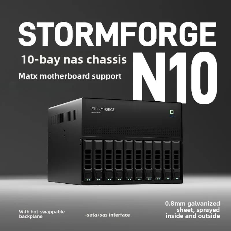 12-Bay Hot-Swap NAS Chassis N10, Aluminum with 4 PCIe Slots, MATX Board & 1U PSU Support, for High-Capacity Storage
