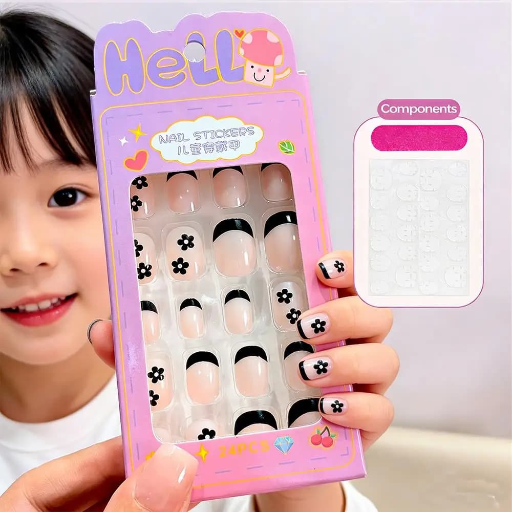 24 Pezzi/Scatola Unghie Finte per Bambini con Fiori Neri e Punte Francesi, Unghie Finte a Copertura Totale per Uso Quotidiano e Festivo