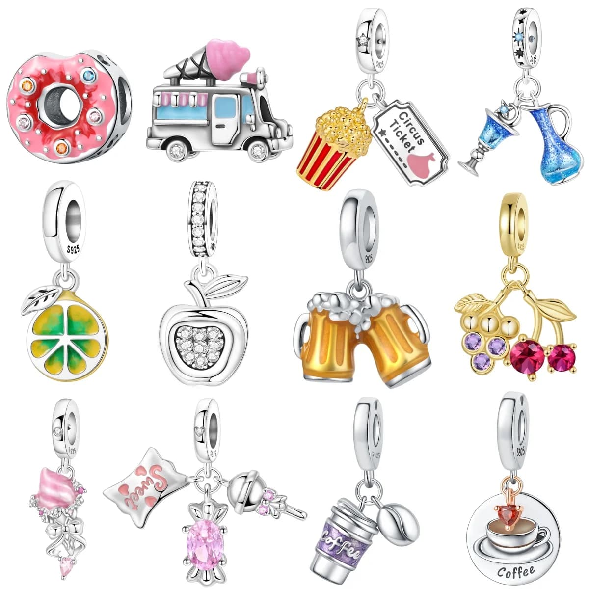 MISEFF Ciondolo Charm in Argento Sterling S925 a Forma di Dessert, Bevande e Frutta, Compatibile con Bracciali Originali, per Creazione di Gioielli Fai-da-Te, Regalo per Donne