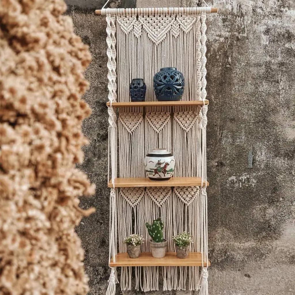 Handwoven Tapestry Macrame Wall Hanging Floating Shelf Bedroom Home Storage