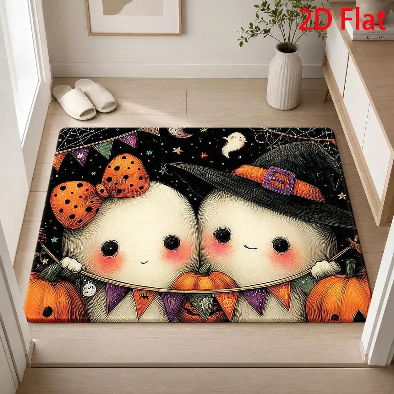 Adorable Ghost Couple Halloween Doormat, Non‑Slip Floor Mat, Witch Hat & Bunting Art for Eye‑Catching Seasonal Entryway Decor