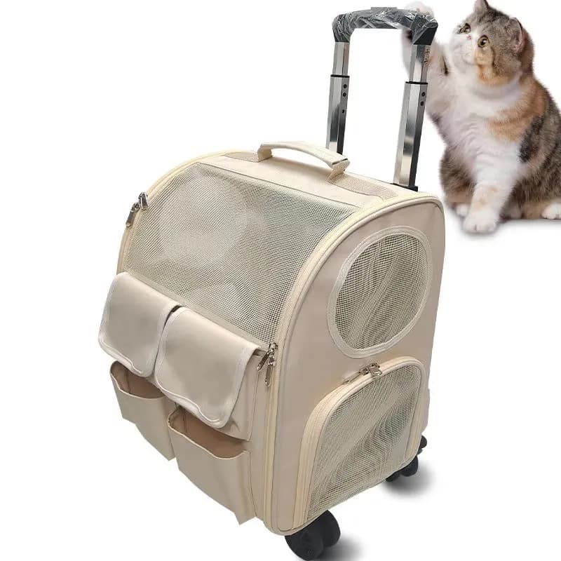Portable Double Shoulder Pet Carrier Bag Transparent Breathable Mesh Zipper Oxford Material Wheel Backpack Style for Dog Cat