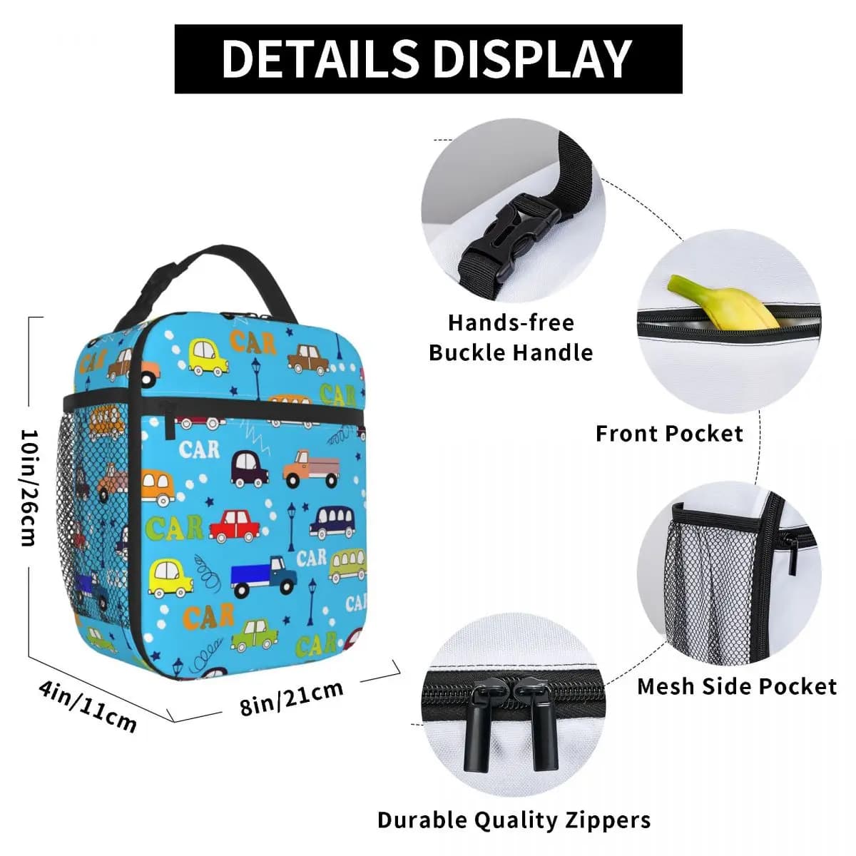 Cartoon Bulldozer Excavator Fire Truck Lunch Bag Retro Lunch Box School Convenient Tote Food Bags Print Cooler Bag
