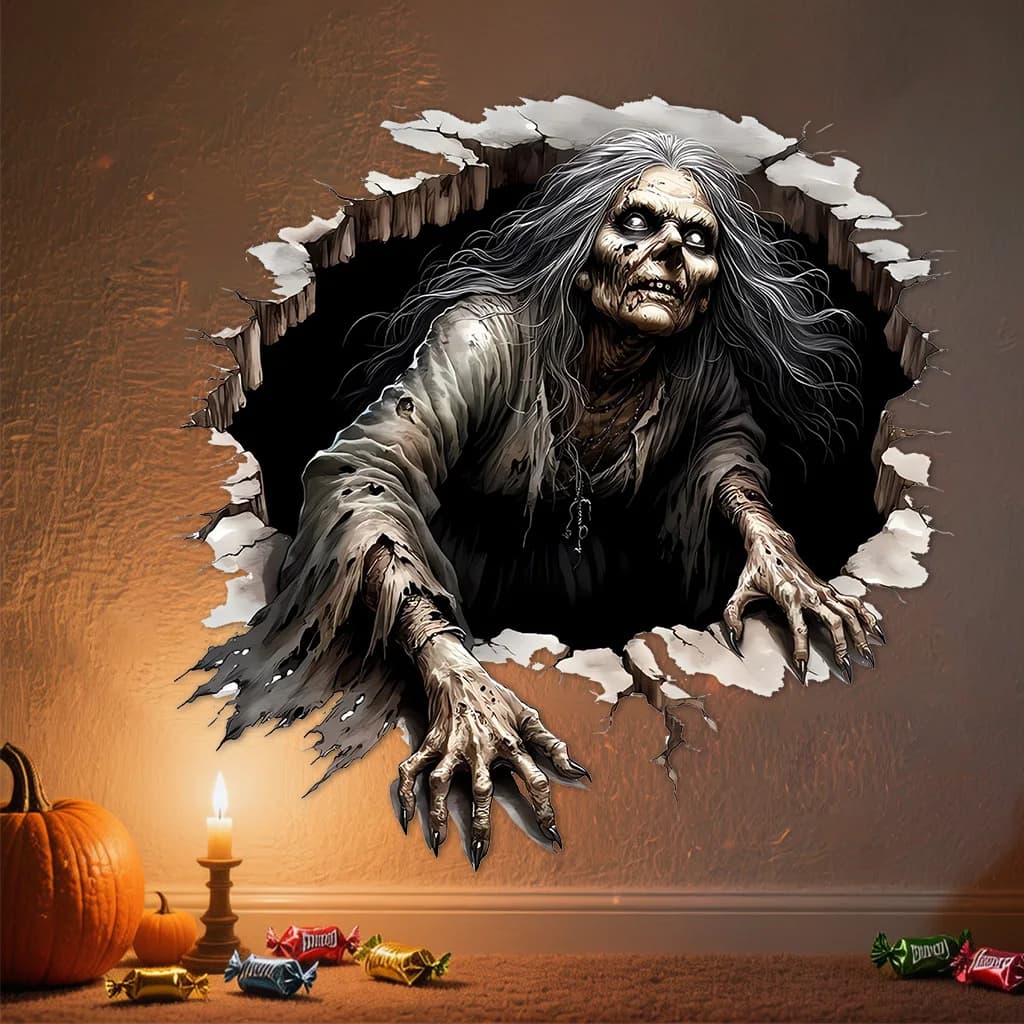 Halloween Scary Burst Through Wall Woman Sticker Self Adhesive Removable PVC Wall Decal for Bedroom Home Halloween Party Decor