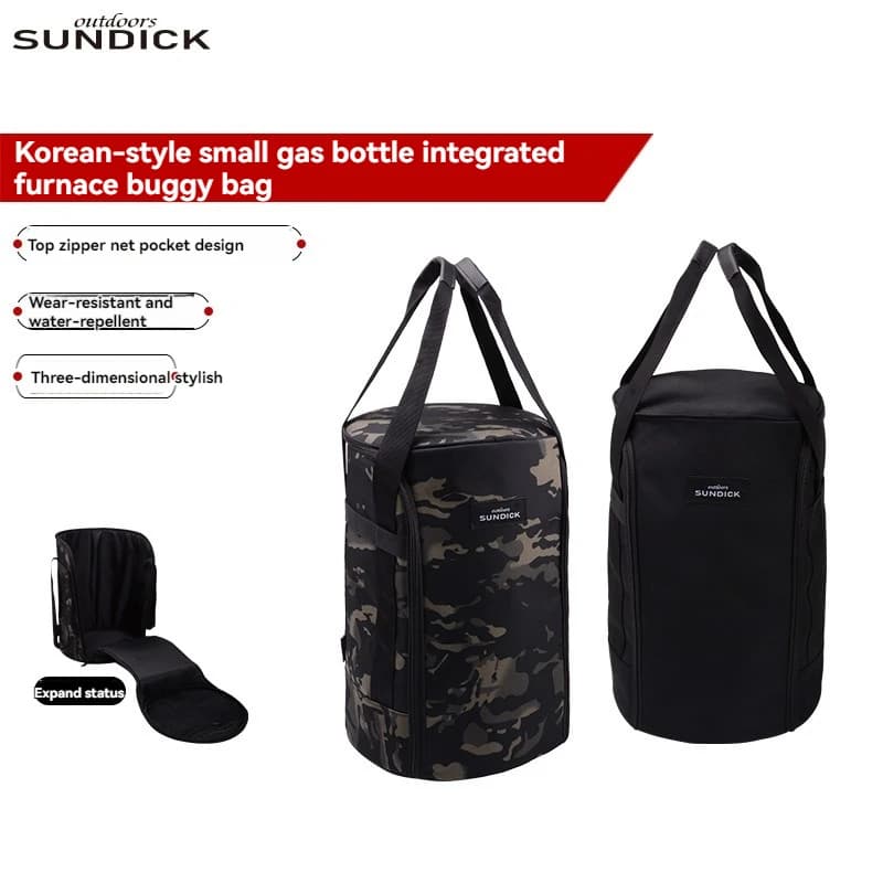 Outdoor camping bag, Korean style, integrated bag for small gas cylinders, robust and wear resistant.