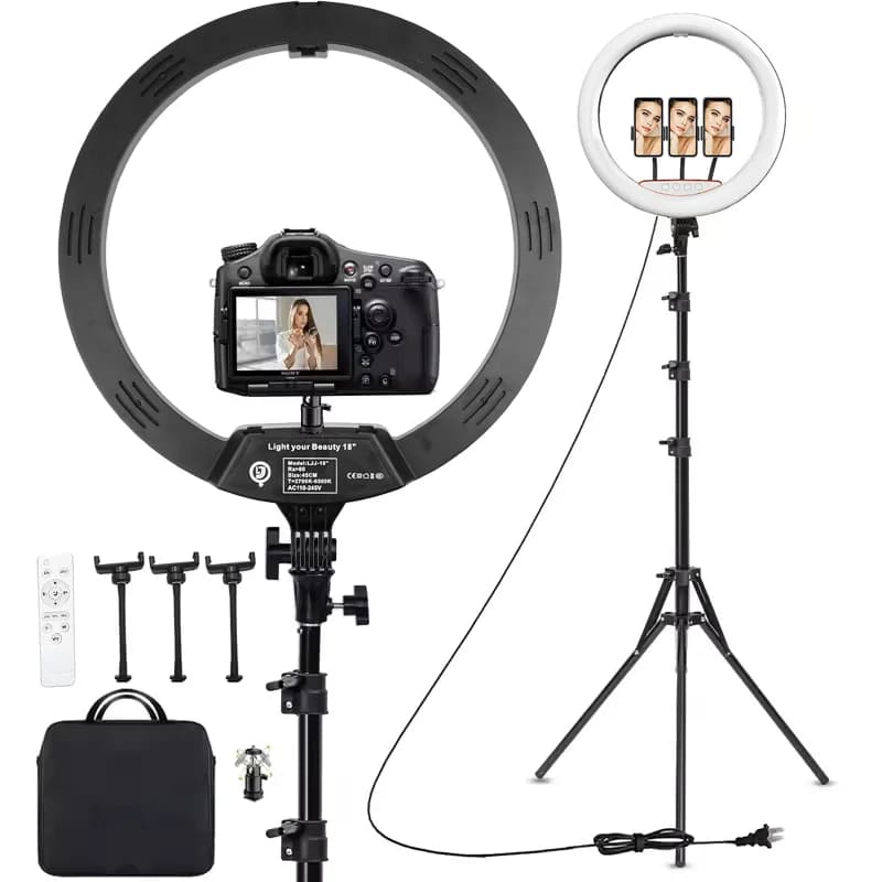 Lampada da studio fotografico con luce ad anello da 18 pollici con supporto per treppiede da 78 pollici bicolore 2700-6500K per registrazione video Trucco Selfie Ring Light