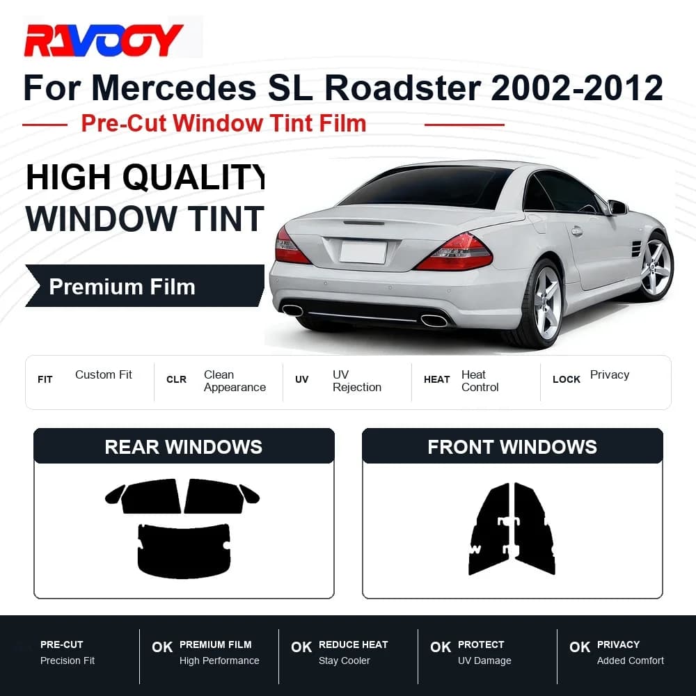 RAVOOY Precut Window Tint, Reusable Removable EPU Film, Custom Fit for Mercedes SL 55 AMG 2003-2008, UV Heat Protection
