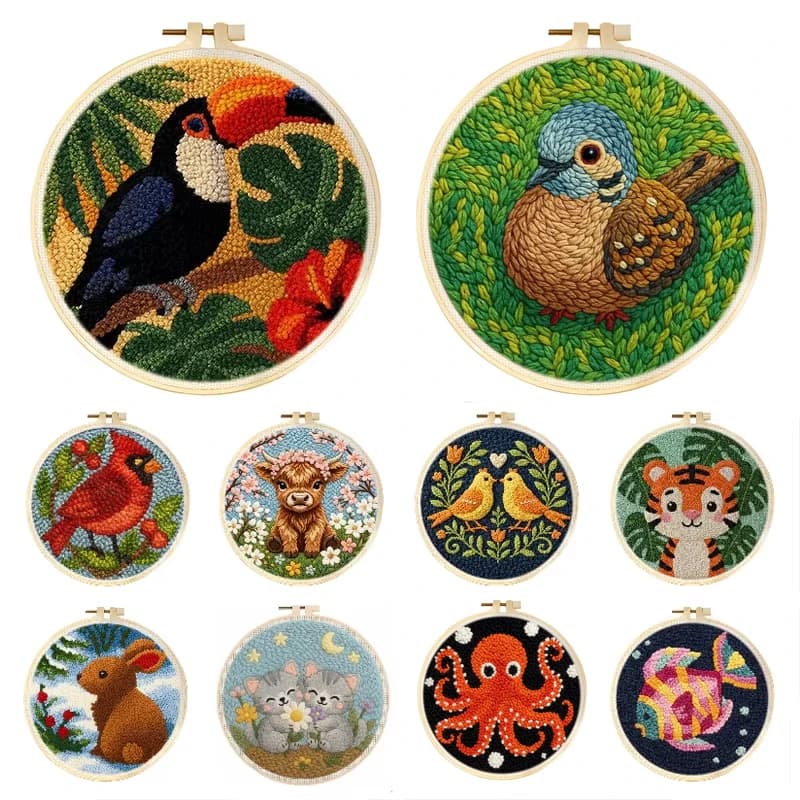 Kit Ricamo Punch Needle 20x20cm con Telaio, Set Ricamo Animali con Cerchio, Kit Immagine, Artigianato Tufting Tappeti, Nuovo Regalo