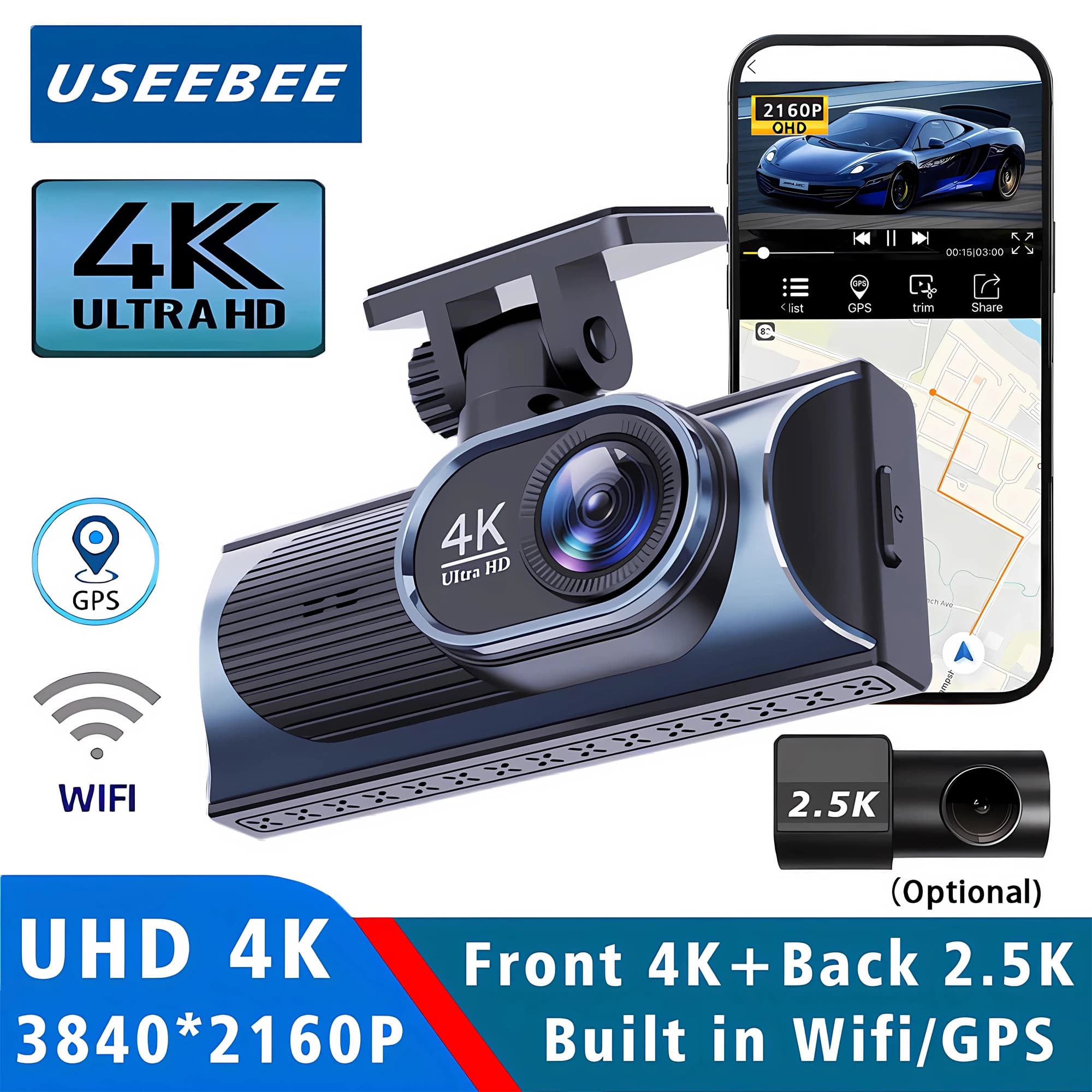 Dash Cam Dual Lens 4K+2.5K Recording Car Camera DVR Night Vision Video Recorder GPS Wi-Fi Room Black Box 2.5K Rear View Camera