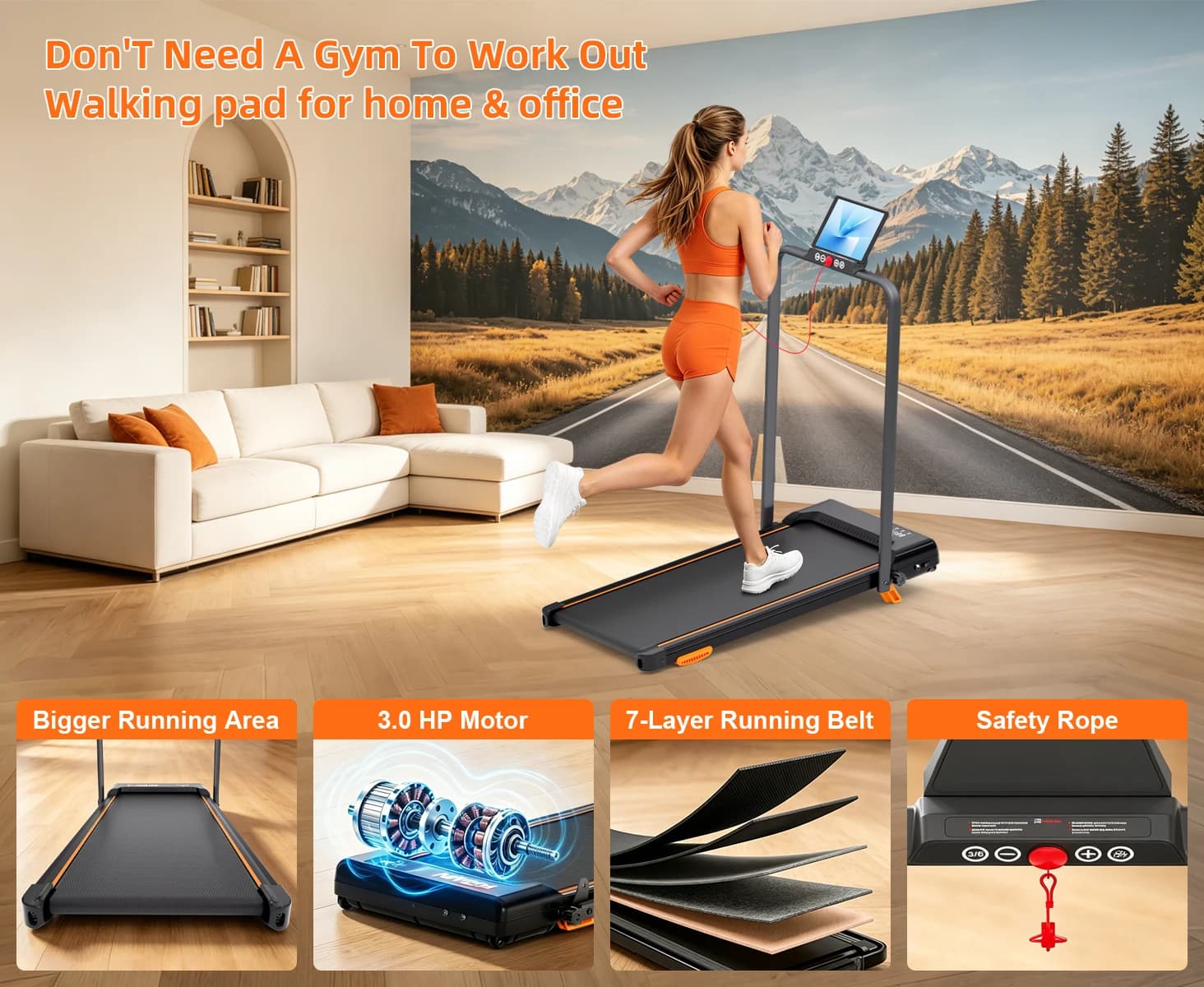 3.0HP Folding Treadmill with 12% Adjustable Incline, 14.9" x 36.4" Wide 7‑Layer Shock‑Absorbing Running Belt, 0.6‑8MPH Quiet Walking Jogging Machine, 330LBS Capacity, Foldable Handle Bar & Tablet Stand, Safety Rope, Space‑Saving Home Office Indoor Fitness